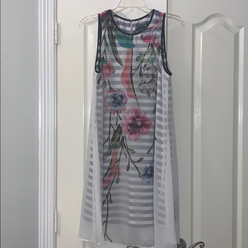 Floral Sheer Overlay Tank Dress - White/Pink